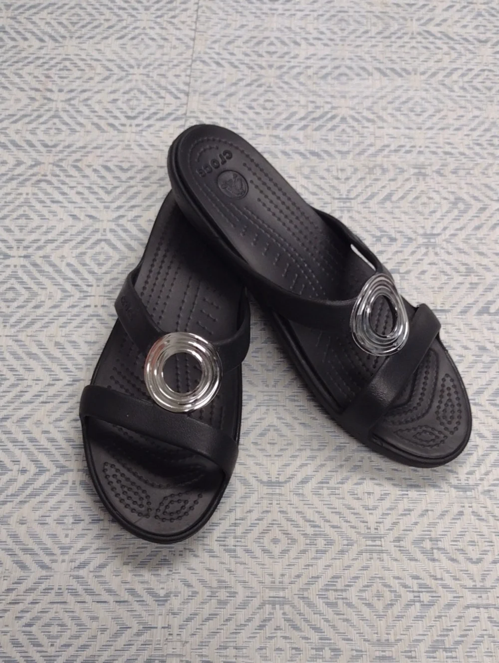 CROCS Black Slide Sandals with Silver Ring Detail